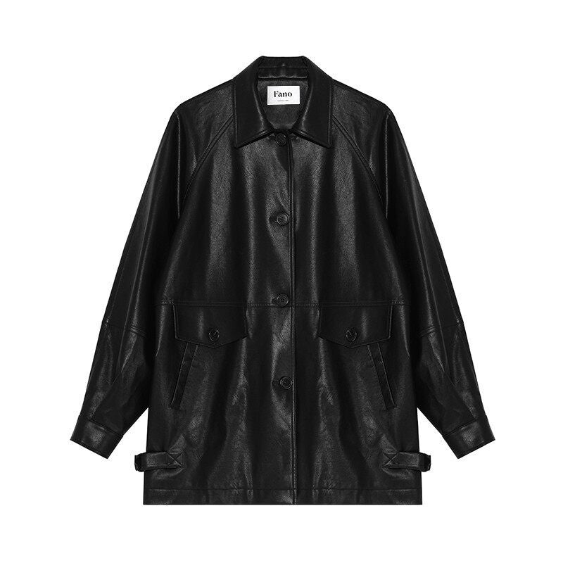 fano Warm Vintage Loose Fit Turn Down Collar Button Closure For Women Leather Jackets