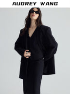 audreyyang Original Design Relaxed Fit Double Breasted Women Black Polyester Blazers