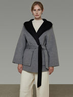 unspoken Minimal Commute Relaxed Fit Hooded Tie Waist Sculpted Cut Black Gray Wool Coats
