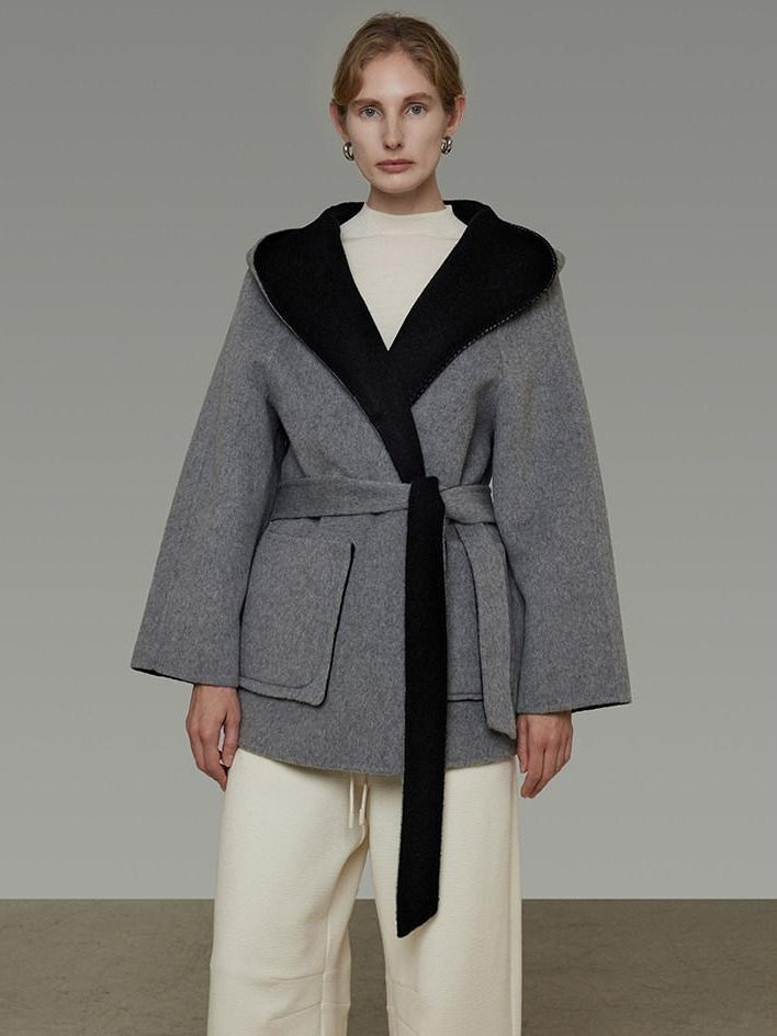 unspoken Minimal Commute Relaxed Fit Hooded Tie Waist Sculpted Cut Black Gray Wool Coats