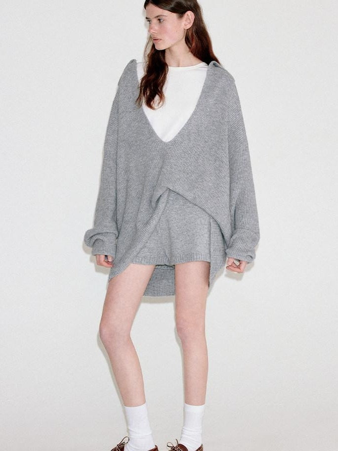 fano Light Heather Gray V-neck Knit Loose Casual Women Top & Shorts Sets