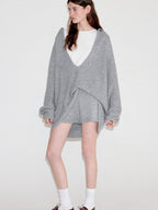 fano Light Heather Gray V-neck Knit Loose Casual Women Top & Shorts Sets