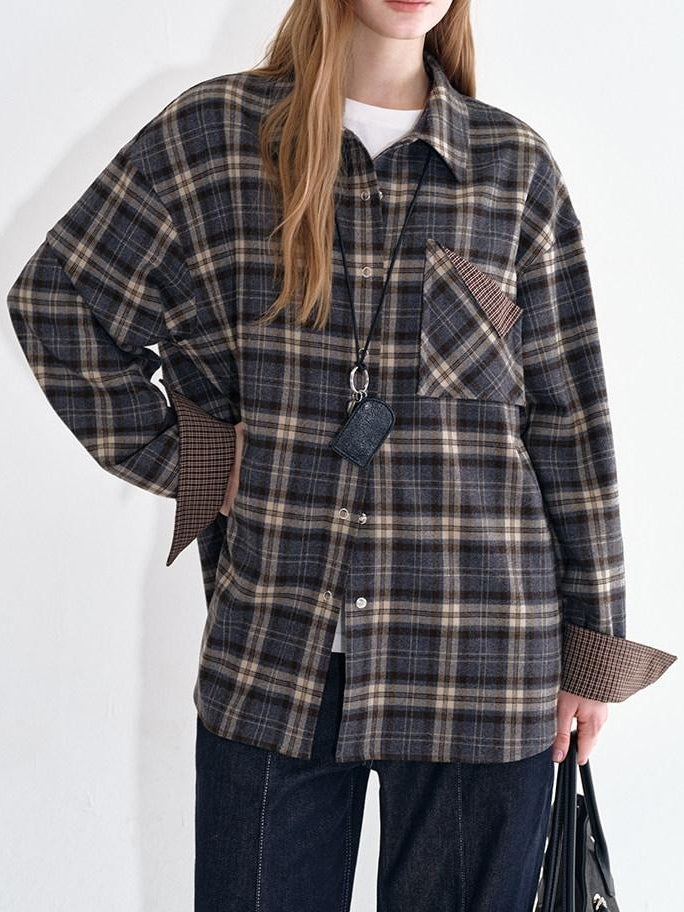 fano Breathable Viscose Oversized Plaid Lapel Button Front Women Everyday Shirts