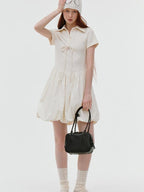 fano Stretch Short Sleeve Polo Cocoon Bubble Skirt Natural Waist Beige Midi Dresses
