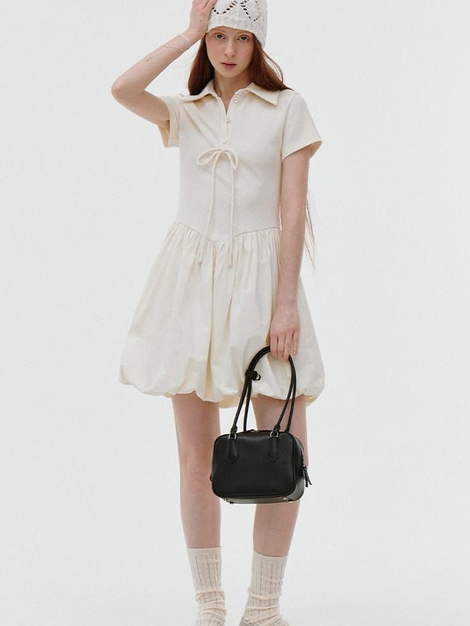 fano Stretch Short Sleeve Polo Cocoon Bubble Skirt Natural Waist Beige Midi Dresses