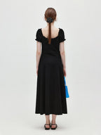 fano Structured High Waist A Line Square Neck Cotton Short Sleeve Black Maxi Dresses