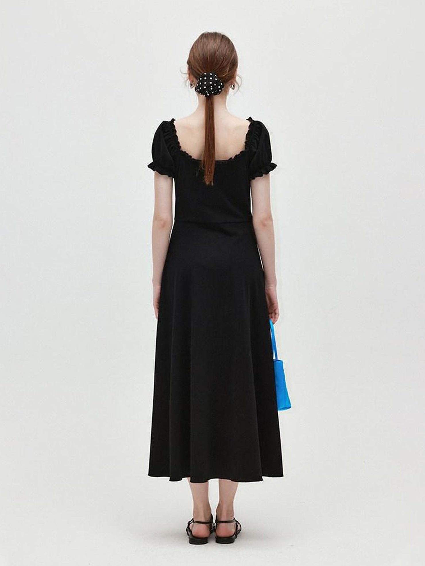 fano Structured High Waist A Line Square Neck Cotton Short Sleeve Black Maxi Dresses