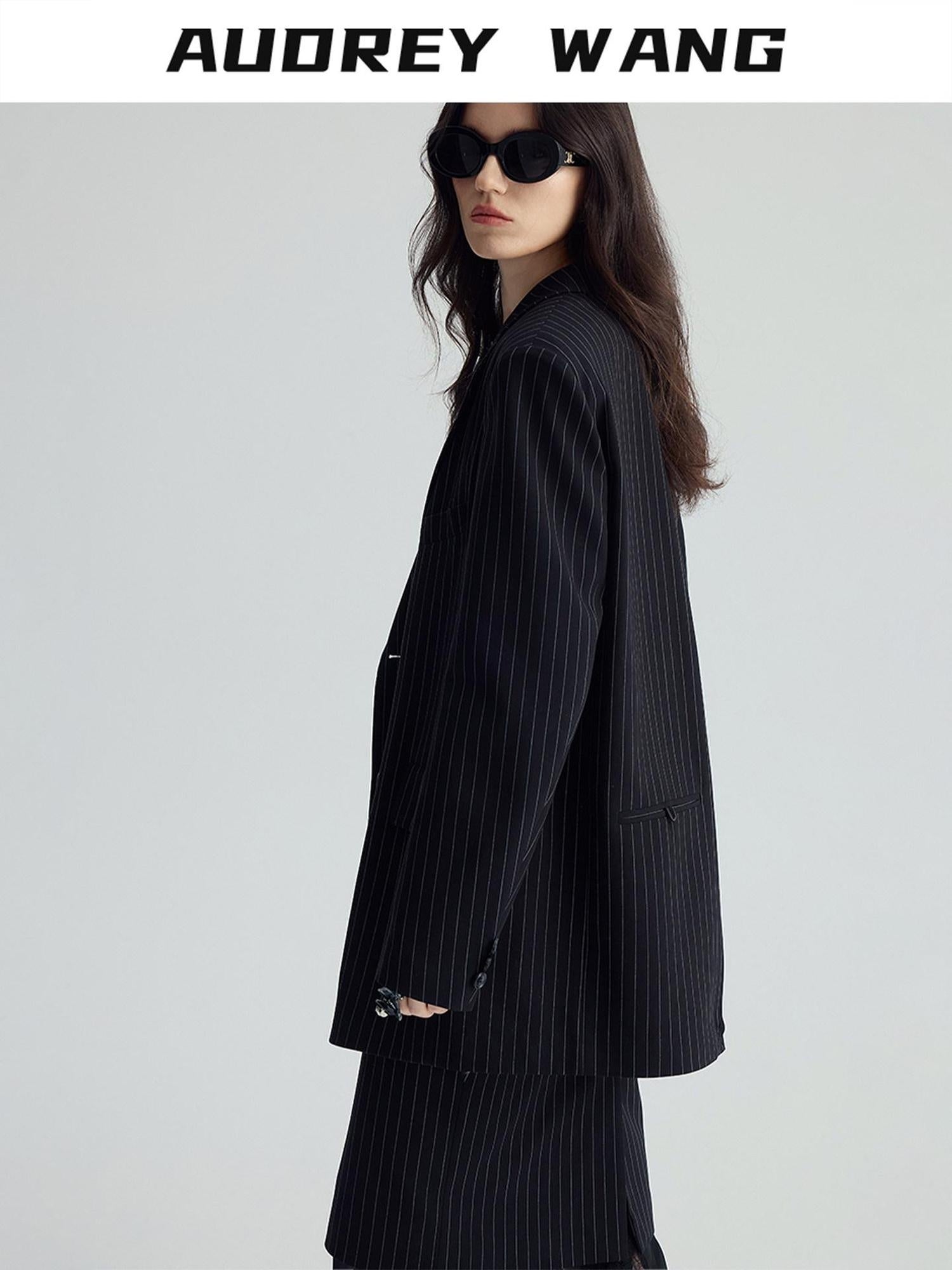 audreyyang Original Design Relaxed Fit Double Breasted Women Black Polyester Blazers