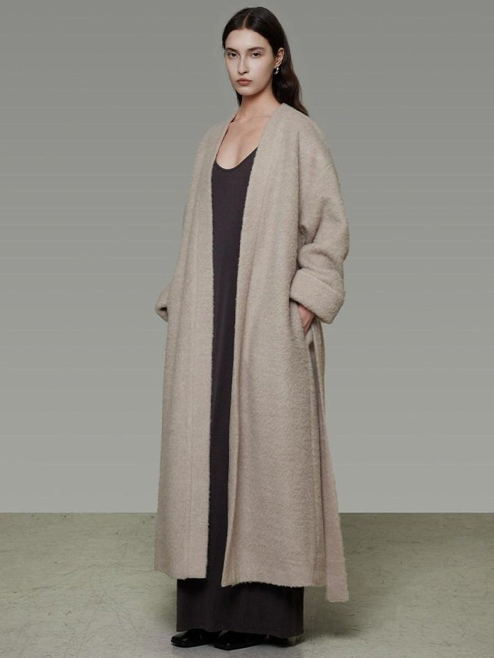 unspoken Cozy Sheepswool Belted Loose Fit Minimal Office V-neck Mid Length Wool Coats