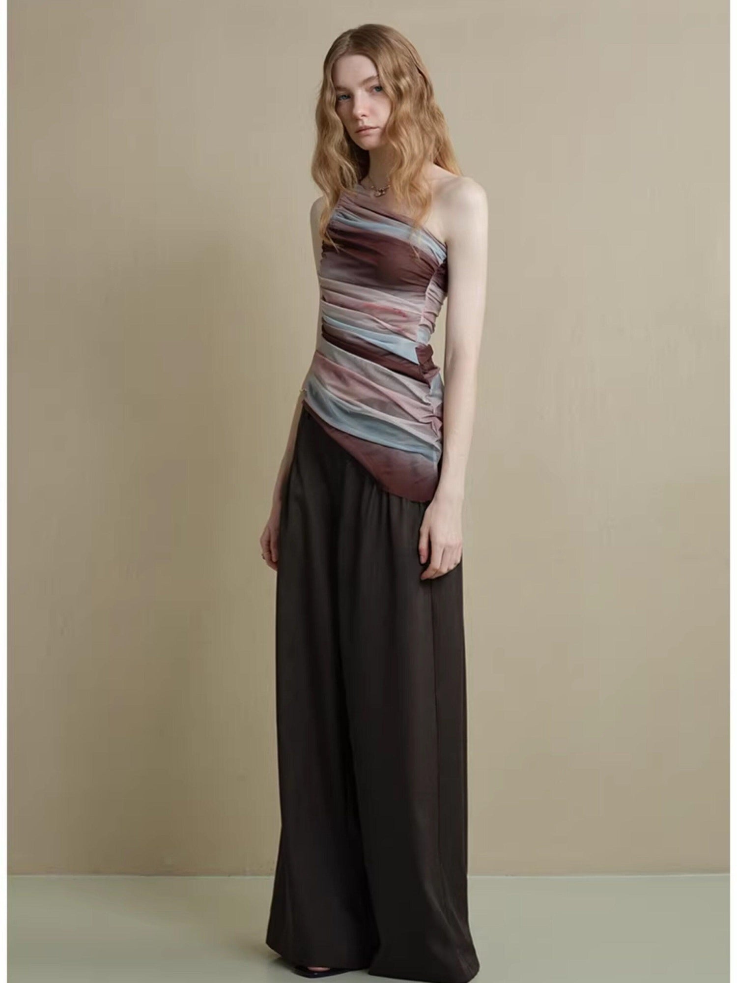 someonesometimes Comfort Minimalist Elastic Natural Waist Office Dark Brown Wide Leg Pants