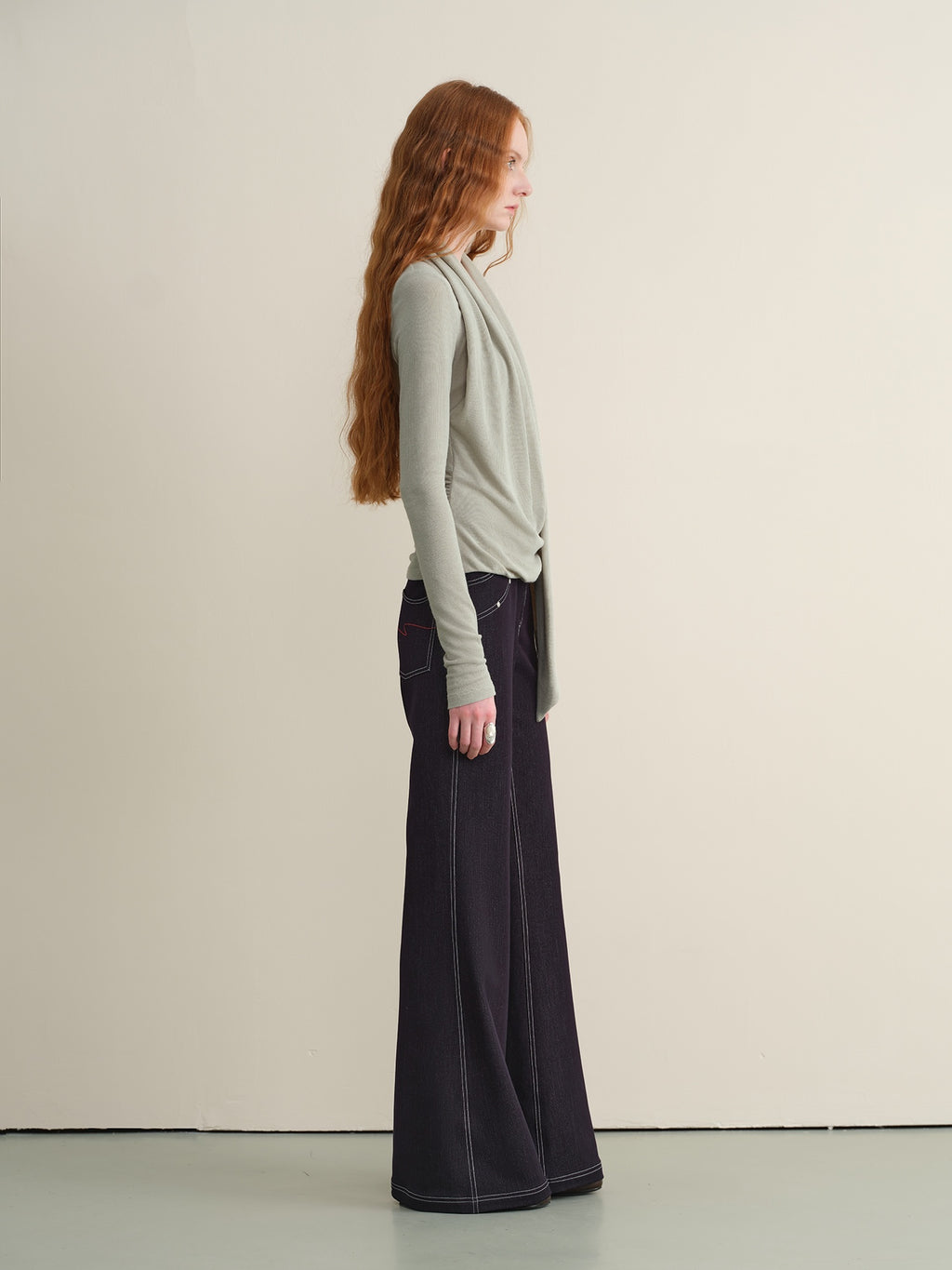 someone sometimes Stretch Minimal Natural Waist Topstitch Detail Women Midnight Blue Flared Jeans