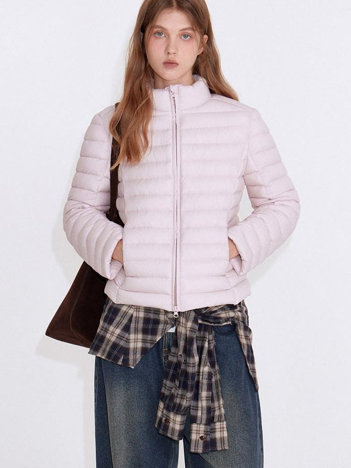 fano 90% White Duck Down Warm Slim Short Stand Collar Zipper Pink Down Jackets
