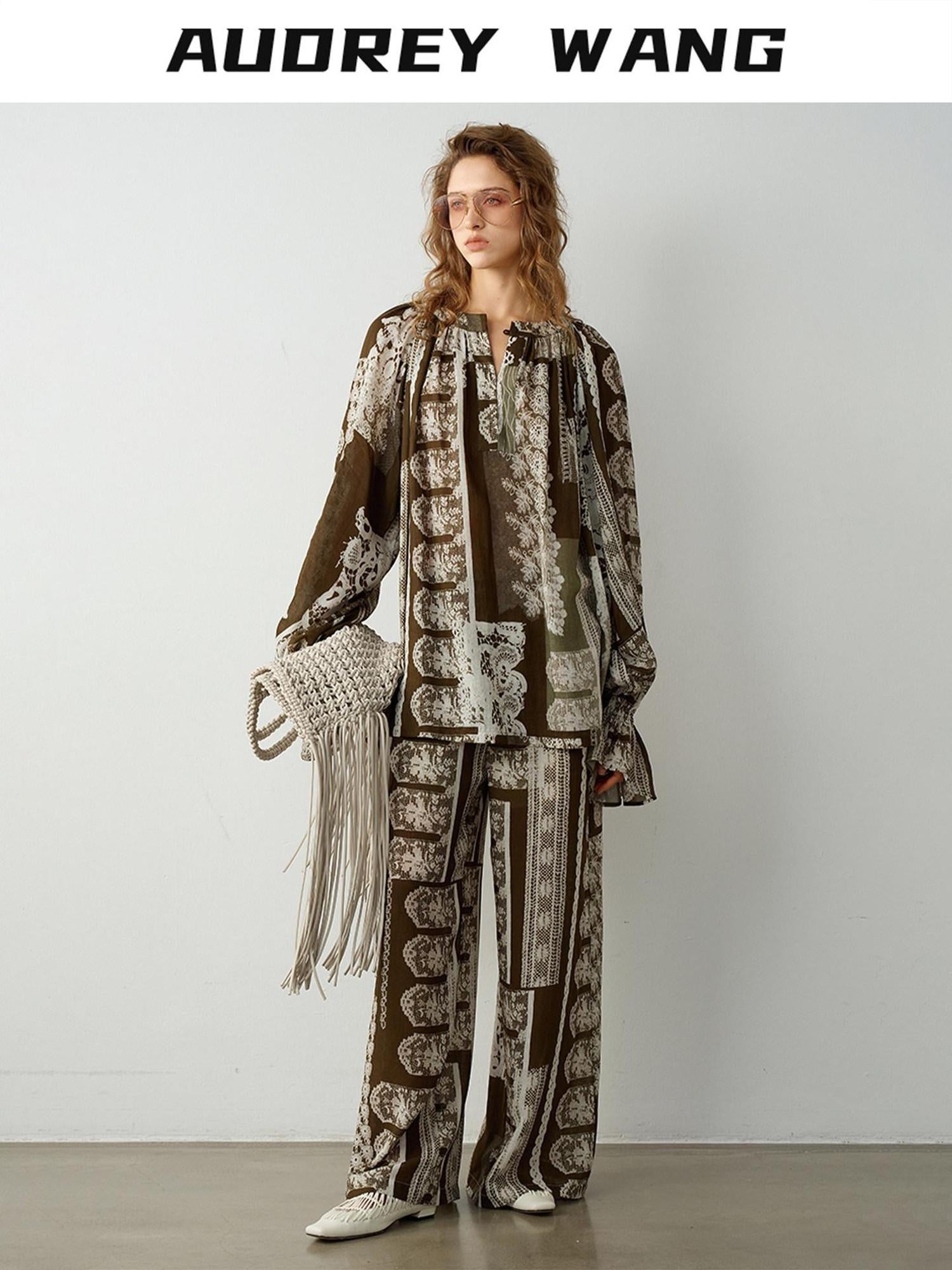 audreyyang Casual Loose V-neck Long Sleeve Printed Button Eco Viscose Ramie Women Blouses