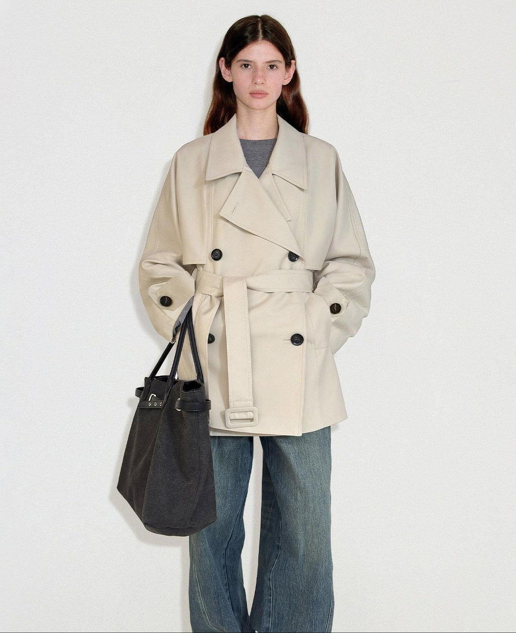fano Korean Commuter Loose Double Breasted Midlength Women Poly Viscose Trench Coats