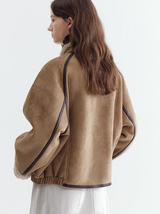 fano Comfortable Colorblock Stand Collar Zip Loose Fit Youth Camel Cropped Jackets