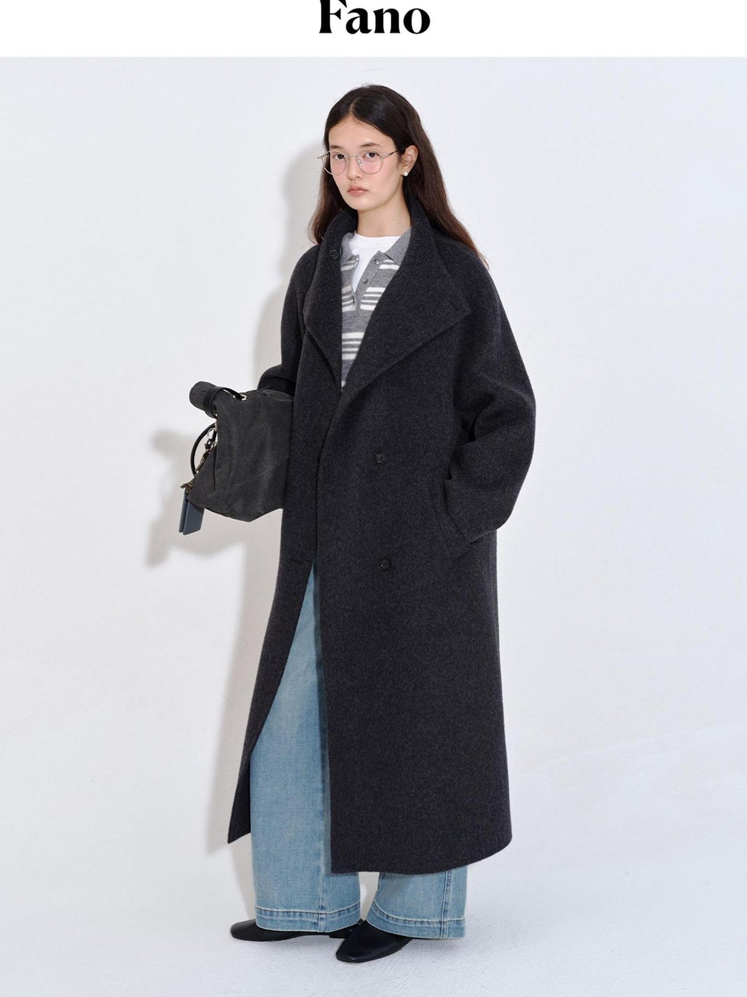 fano Pure Wool Single Breasted Lapel Midlength Straight Korean Women Gray Wool Coats