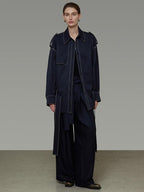 unspoken Vintage Loose Fit Irregular Pocket Detail Women Navy Polyester Trench Coats
