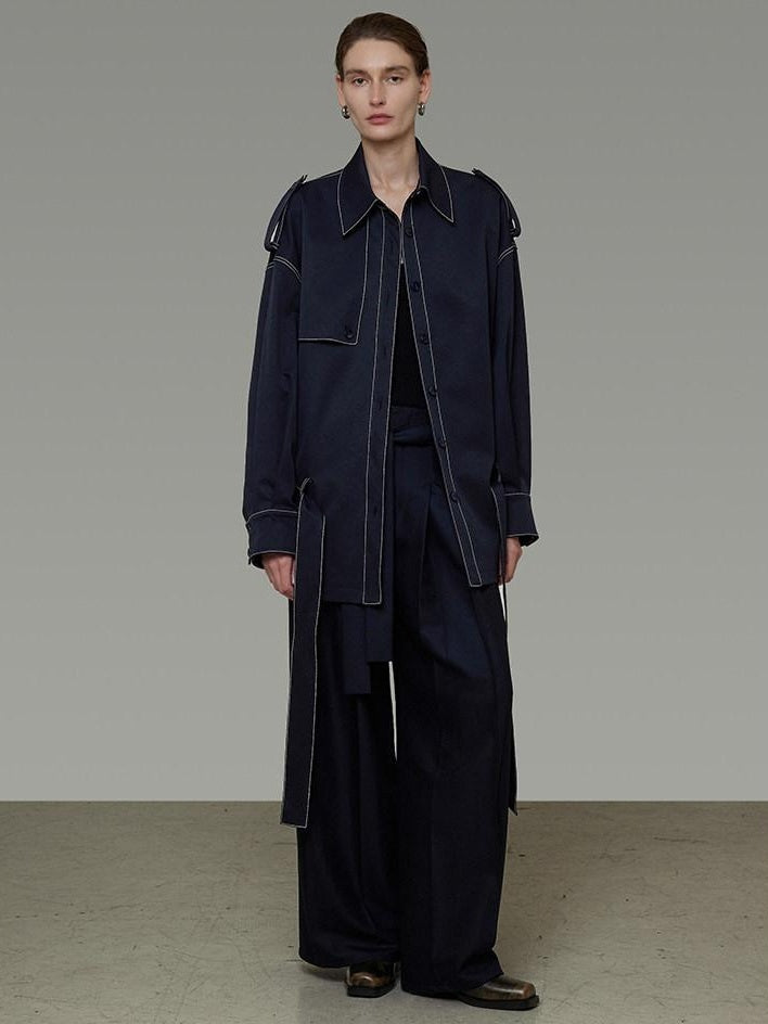 unspoken Vintage Loose Fit Irregular Pocket Detail Women Navy Polyester Trench Coats