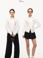ikyou Embroidered Pleat Slim Fit Office Cotton Blend Collared Long Sleeve Blouses