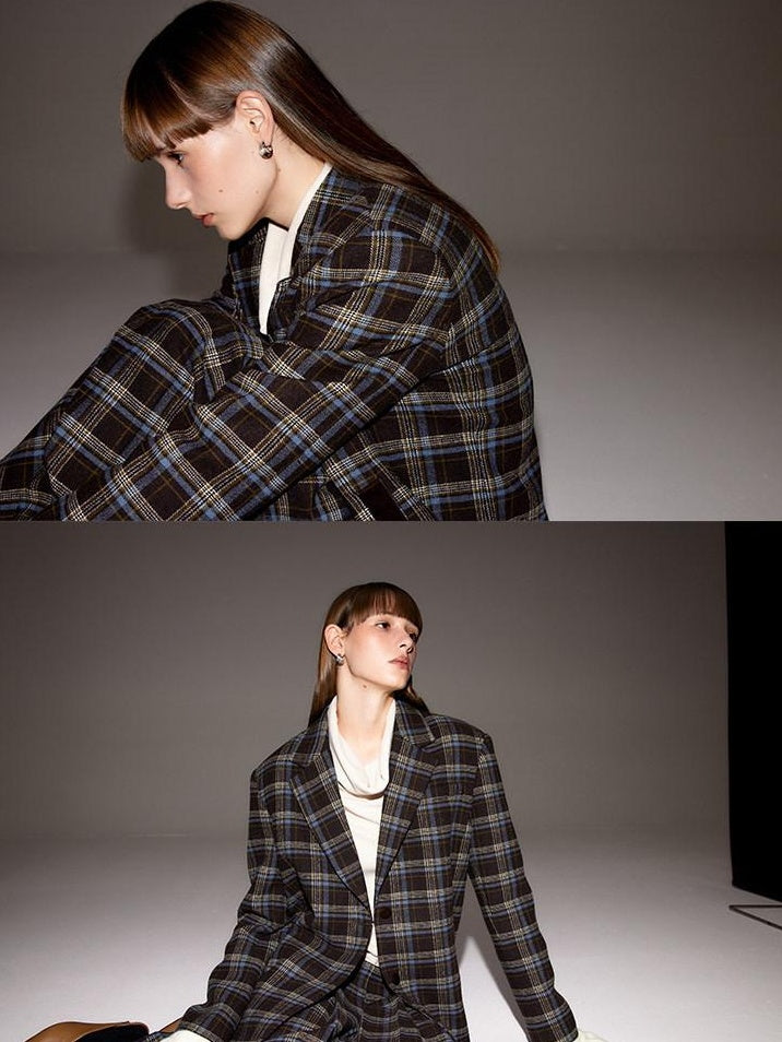 someone sometimes Original Design Plaid V-neck Long Sleeve Polyester Office Chic Top & Skirt Sets