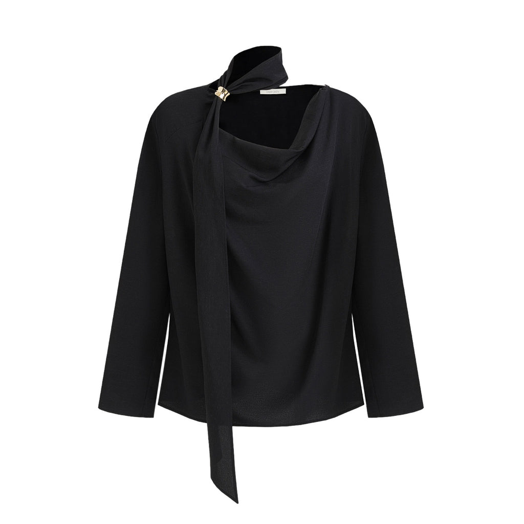 unspoken_Breathable_Minimalist_Loose_Fit_Ribbon_V-neck_Office_Women_Solid_Black_Blouses_MISSTT