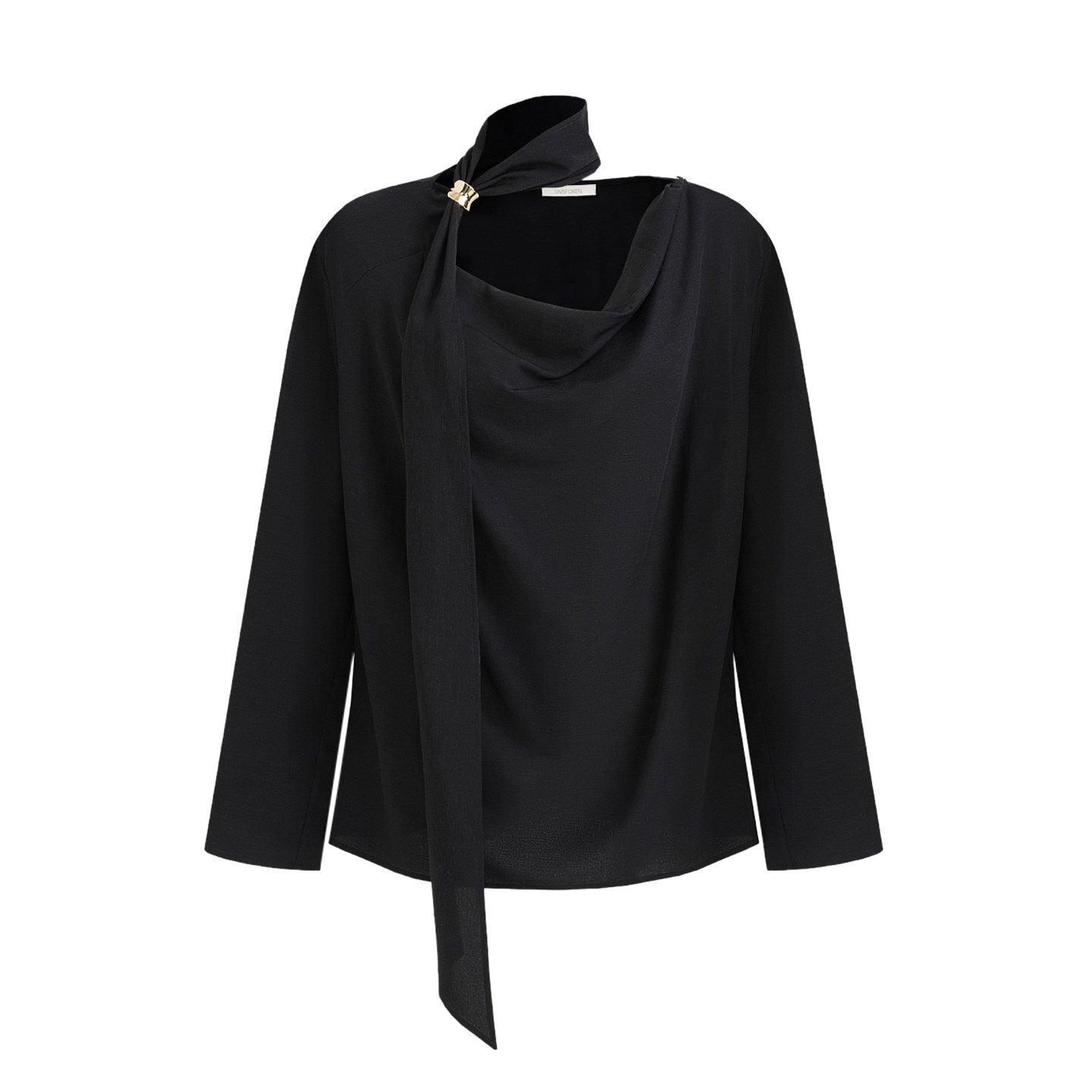 unspoken_Breathable_Minimalist_Loose_Fit_Ribbon_V-neck_Office_Women_Solid_Black_Blouses_MISSTT