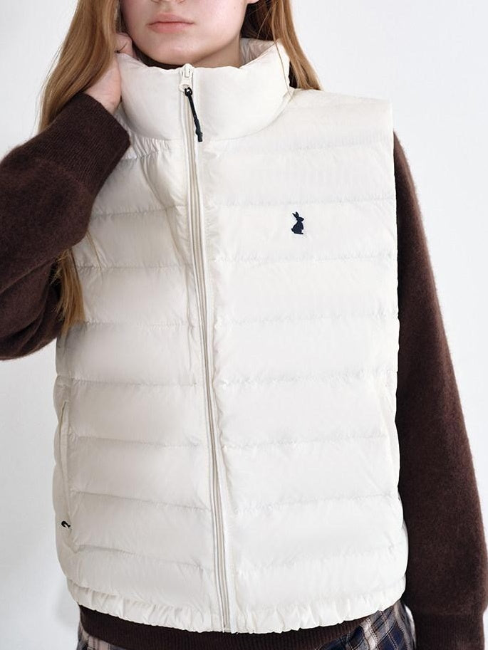 fano 90% White Duck Down Sleeveless Straight Stand Collar Zipper Beige Down Jackets