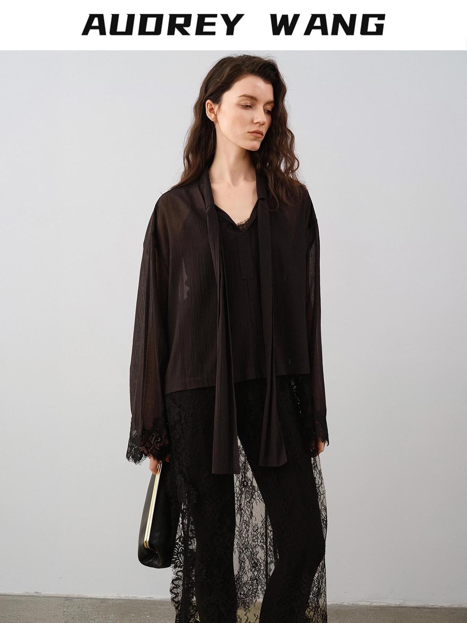 audreyyang Lace Patchwork Cotton Blend Relaxed Long Sleeve Casual Women Midi Dresses