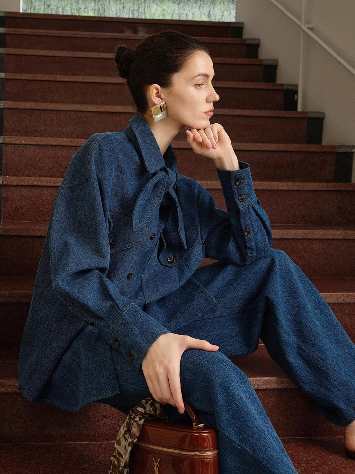 audreyyang Vintage Washed Loose Fit Bow Girls Cotton Patch Pocket Denim Jackets