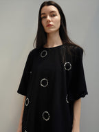 audreyyang Rhinestone Minimal Asymmetric Loose Fit Cotton Midlength Short Sleeve T-Shirts