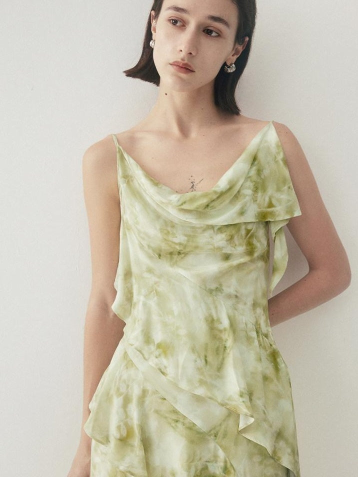someone sometimes Viscose Asymmetric Ruffle Hem Cinched Waist Aline Lake Green Maxi Dresses