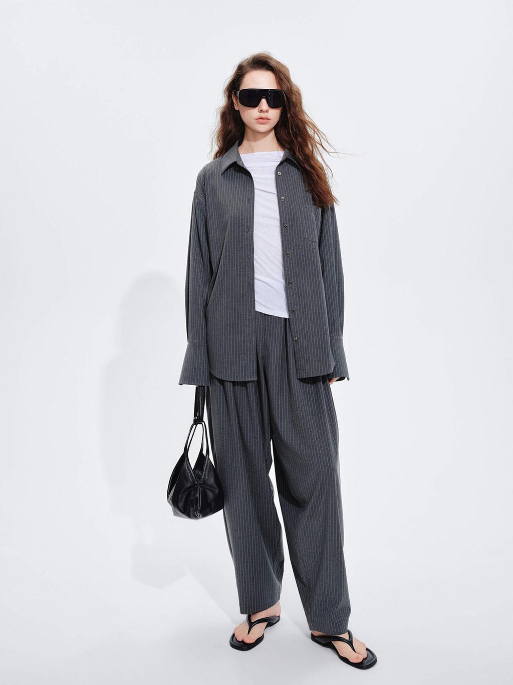 audreyyang Striped Relaxed Lapel Button Long Sleeve Casual Women Polyester Top & Pants Sets