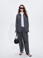 audreyyang Striped Relaxed Lapel Button Long Sleeve Casual Women Polyester Top & Pants Sets