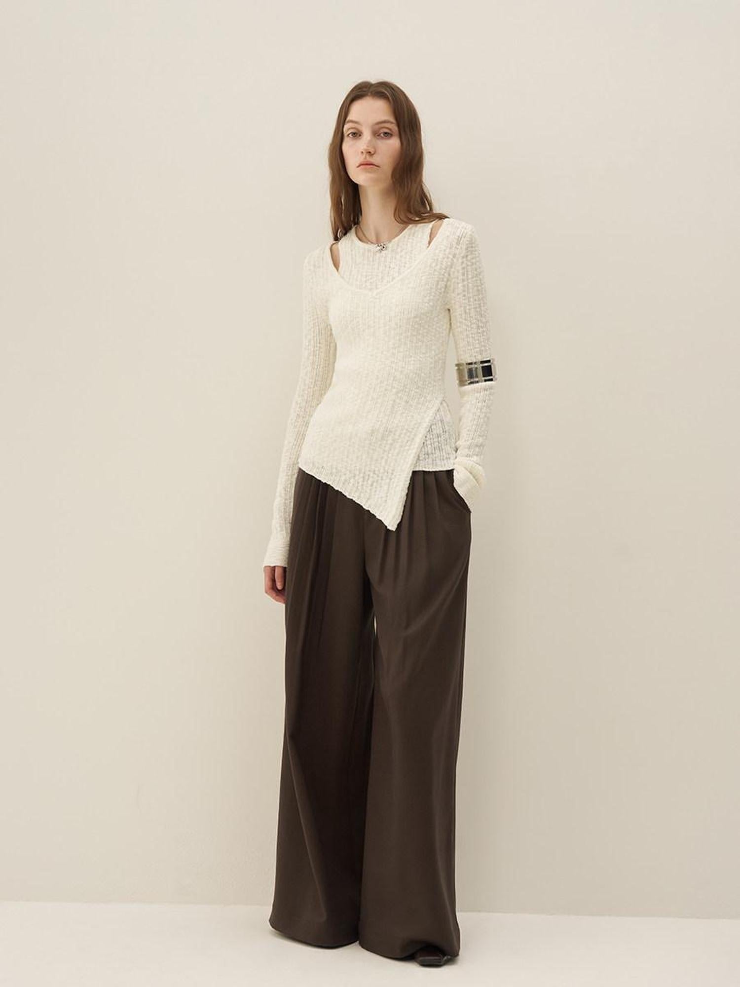 someone sometimes Polyester Blend Knit V-neck Slim Fit Sweet Ivory Women Long Sleeve T-Shirts
