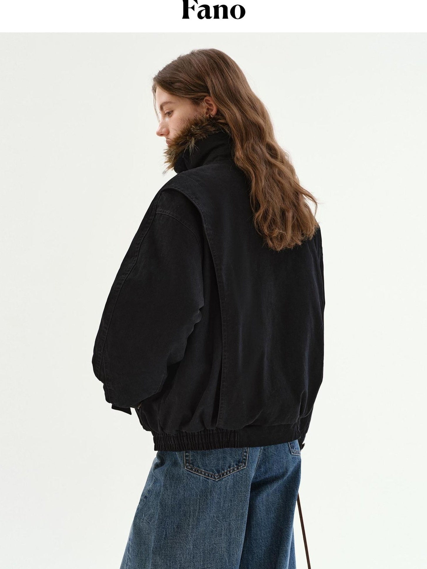 fano Warm 90% White Duck Down Fur Collar Loose High Waist Minimal Black Down Jackets