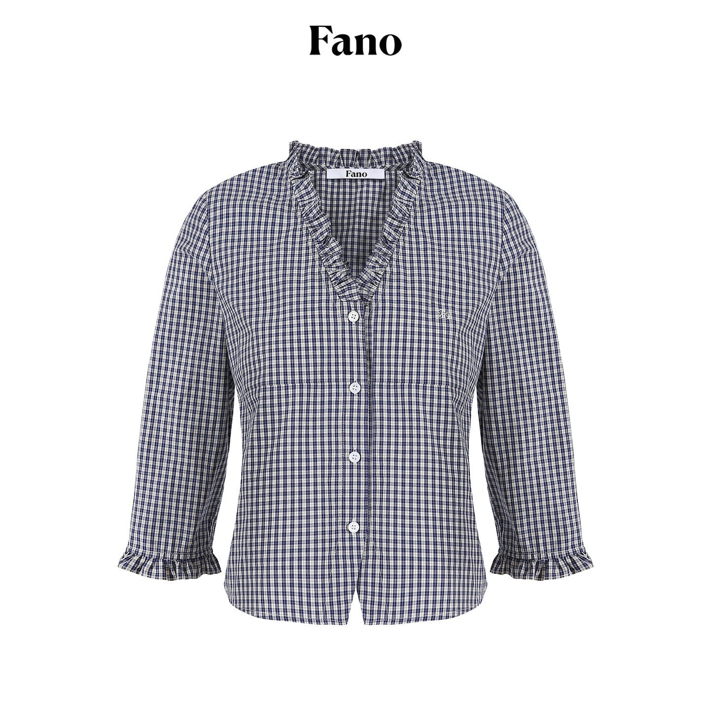 fano_Warm_Cotton_V-neck_Tie_Slim_Minimal_3_4_Sleeve_Blue_White_Check_Work_Blouses_MISSTT