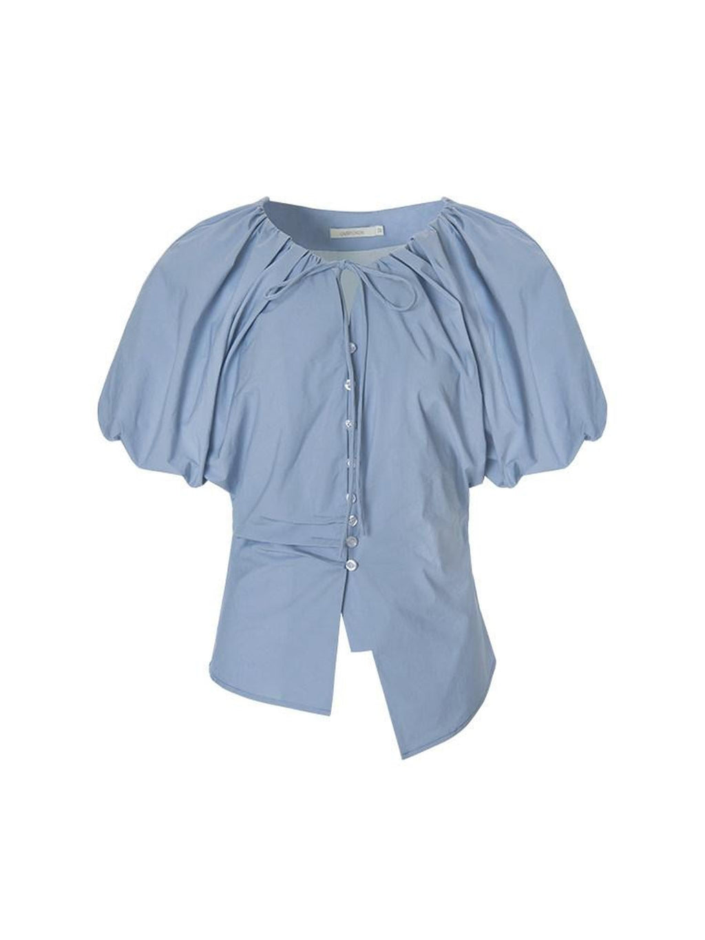 unspoken Breathable Cotton Tie Waist Puff Sleeve Commuter Women Round Neck Button Blouses