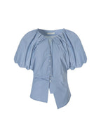 unspoken Breathable Cotton Tie Waist Puff Sleeve Commuter Women Round Neck Button Blouses