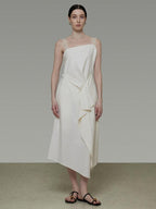 unspoken Cinched Waist Minimalist Asymmetric Spaghetti Strap A Line Midi Maxi Dresses