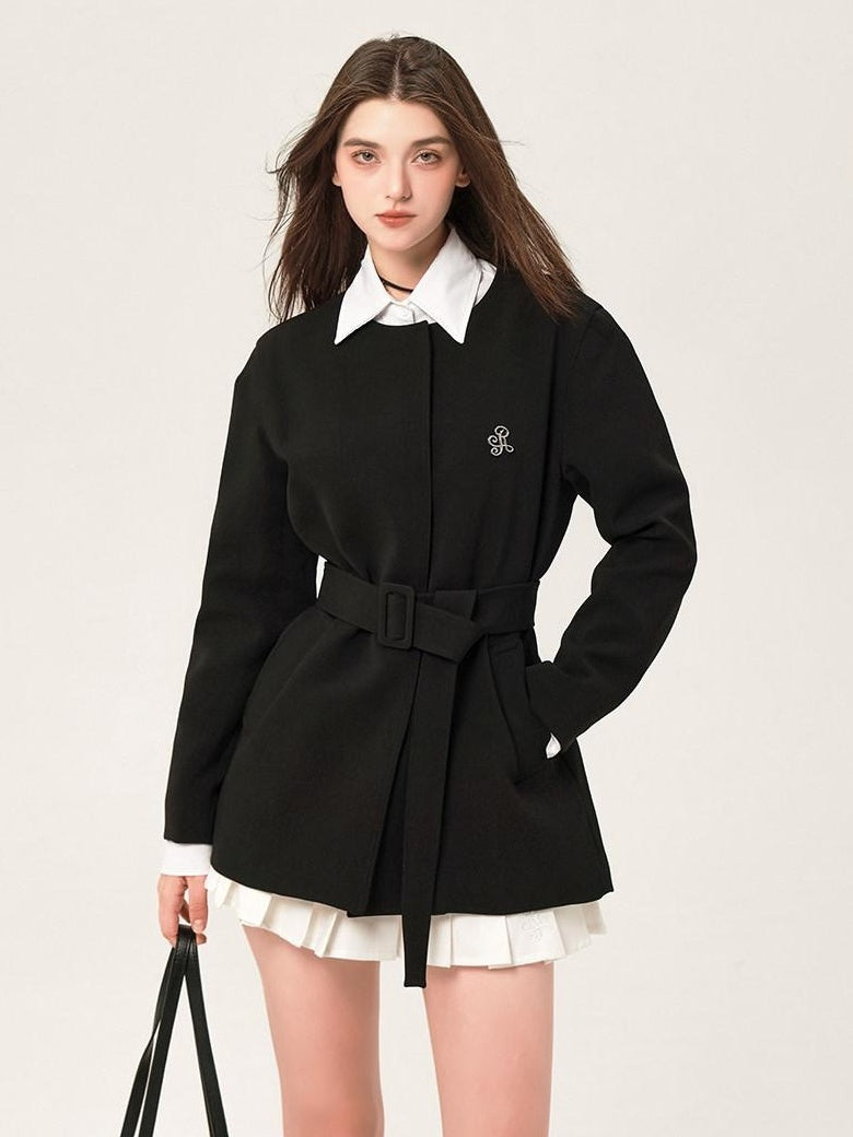 ikyou Versatile Belted Relaxed Fit Office Casual Women Polyester Black Blazers