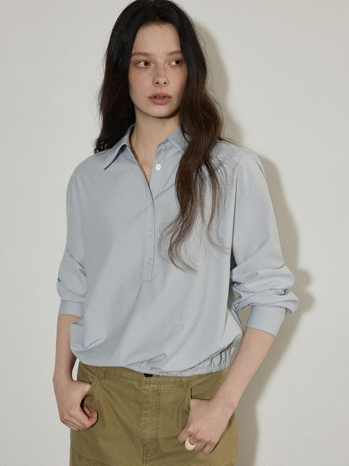 Lofi choose Embroidered Loose Drop Shoulder Collared Workwear For Women Polyester Blouses