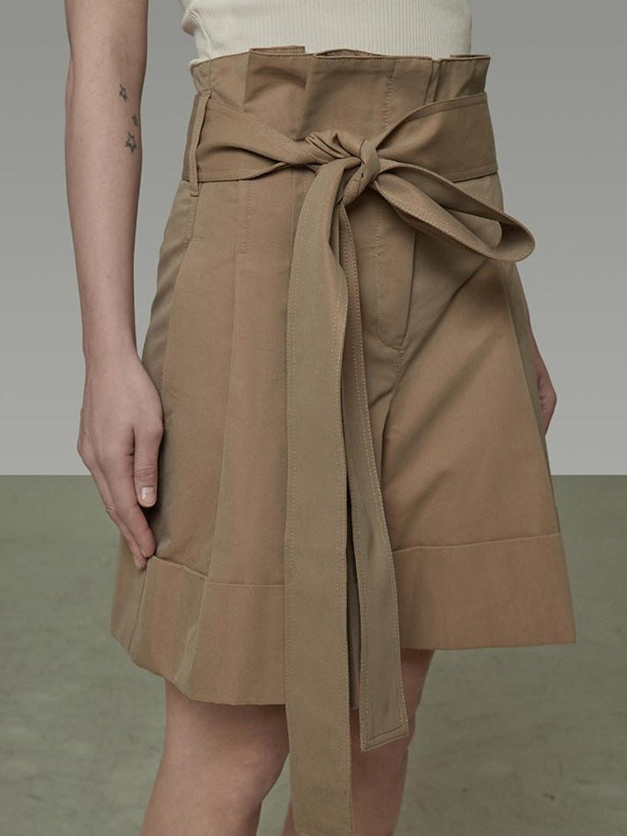 unspoken High Waist Drawstring Minimalist Workwear Cotton Blend Khaki Mid-Length Shorts