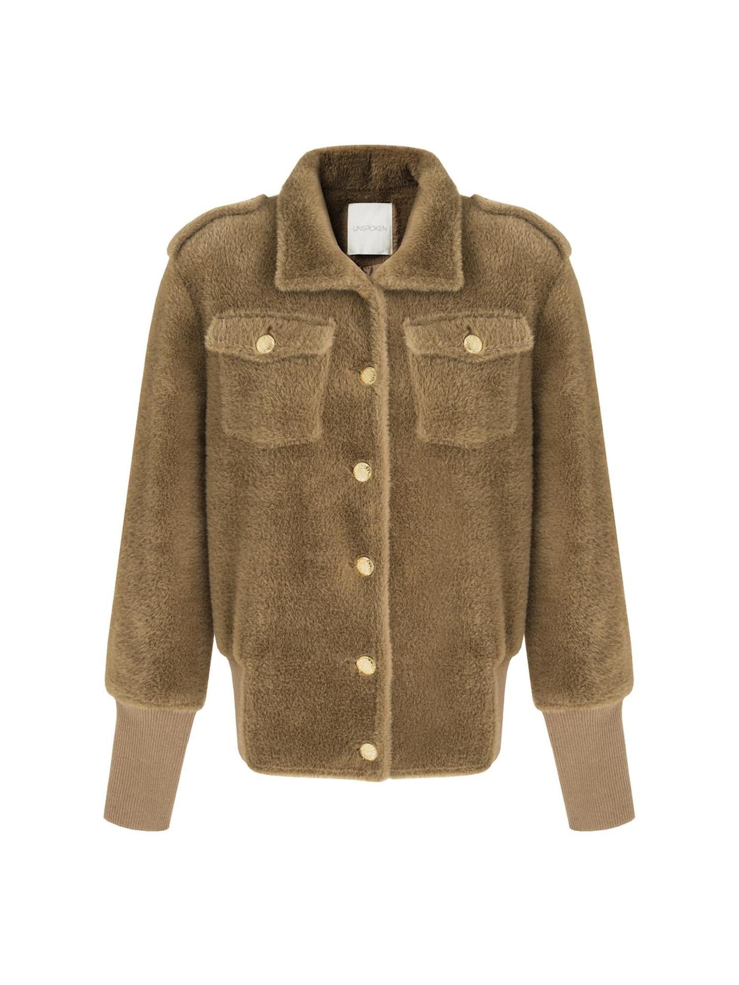 unspoken Thick Warm Stand Collar Slim Fit Minimal Office Brown Nylon Blend Short Coat
