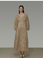 unspoken Casual Jacquard A Line Natural Waist Long Sleeve U Neck Khaki Women Maxi Dresses