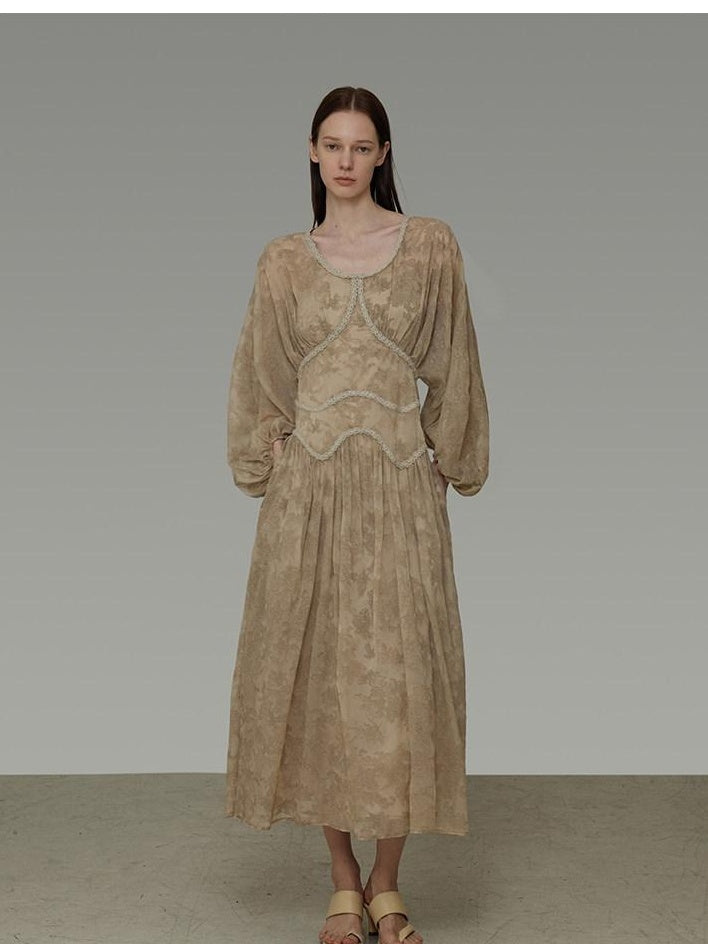 unspoken Casual Jacquard A Line Natural Waist Long Sleeve U Neck Khaki Women Maxi Dresses