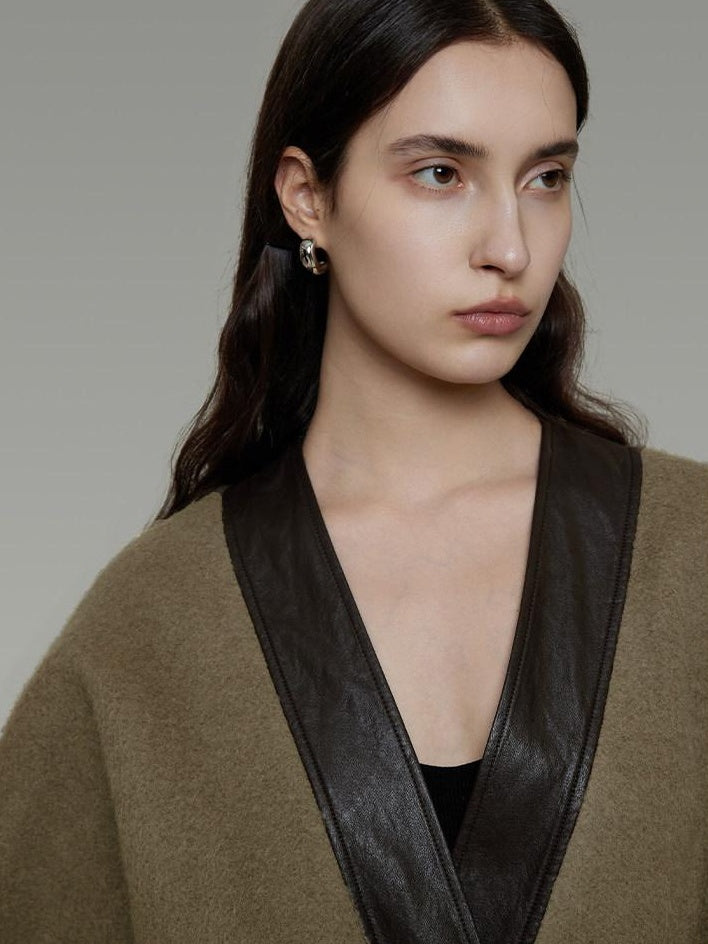 unspoken Minimal Patchwork Loose Fit V-neck Tie Closure Women Commuter Wool Coats