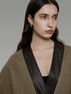 unspoken Minimal Patchwork Loose Fit V-neck Tie Closure Women Commuter Wool Coats