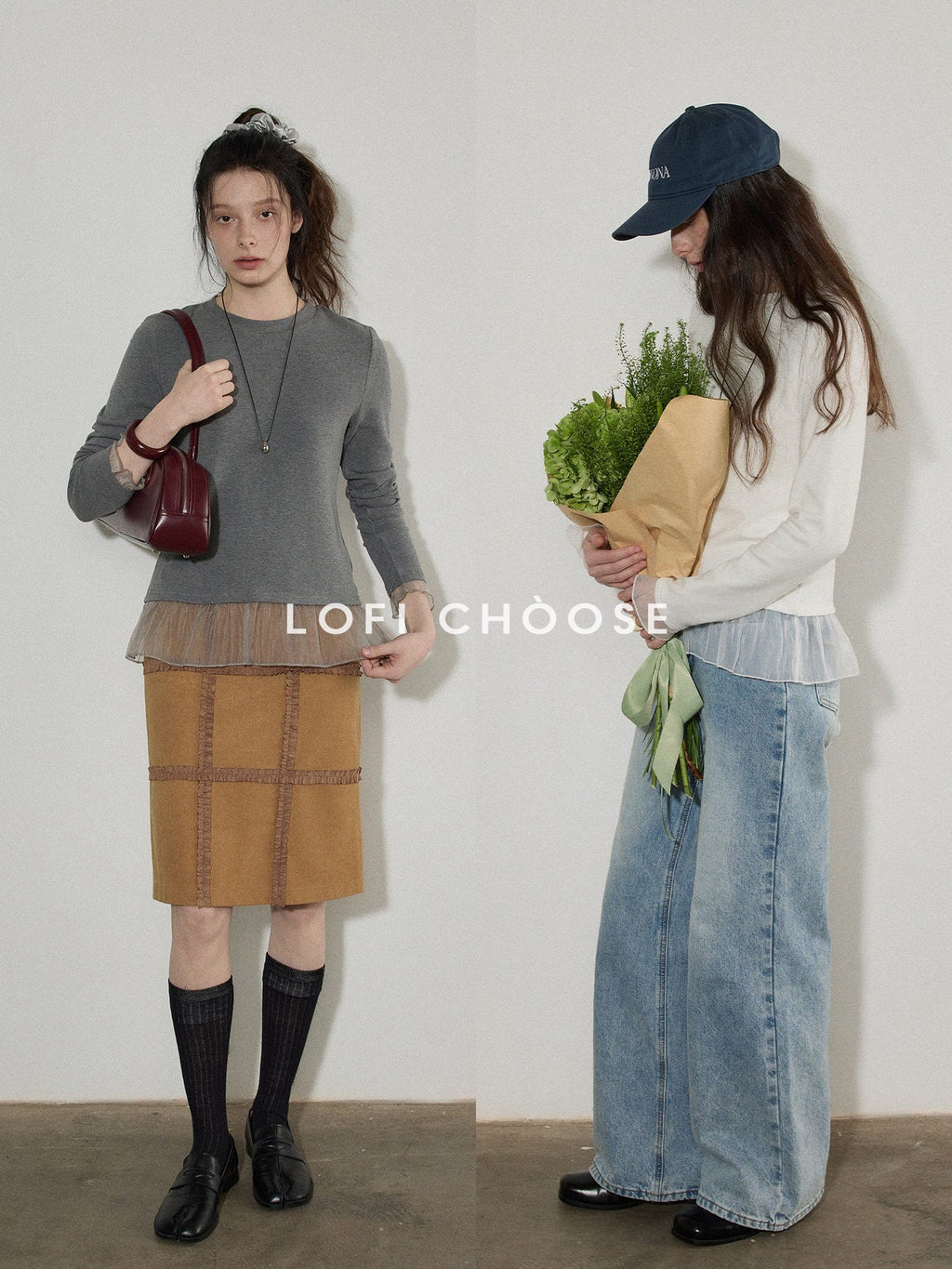 Lofi choose Patchwork Loose Fit Office Crew Neck Women Dark Gray White Long Sleeve T-Shirts