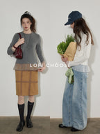 Lofi choose Patchwork Loose Fit Office Crew Neck Women Dark Gray White Long Sleeve T-Shirts