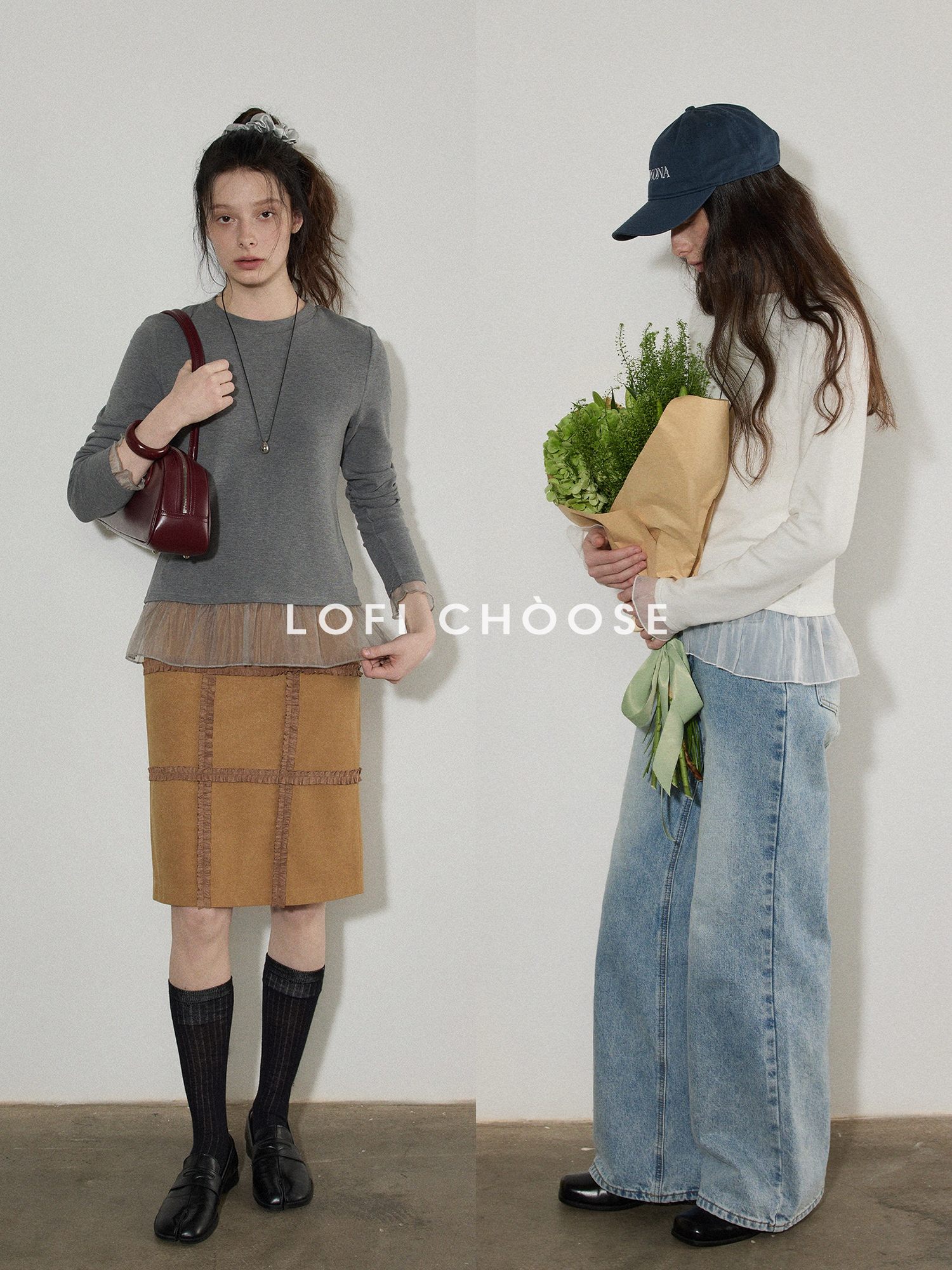 Lofi choose Patchwork Loose Fit Office Crew Neck Women Dark Gray White Long Sleeve T-Shirts
